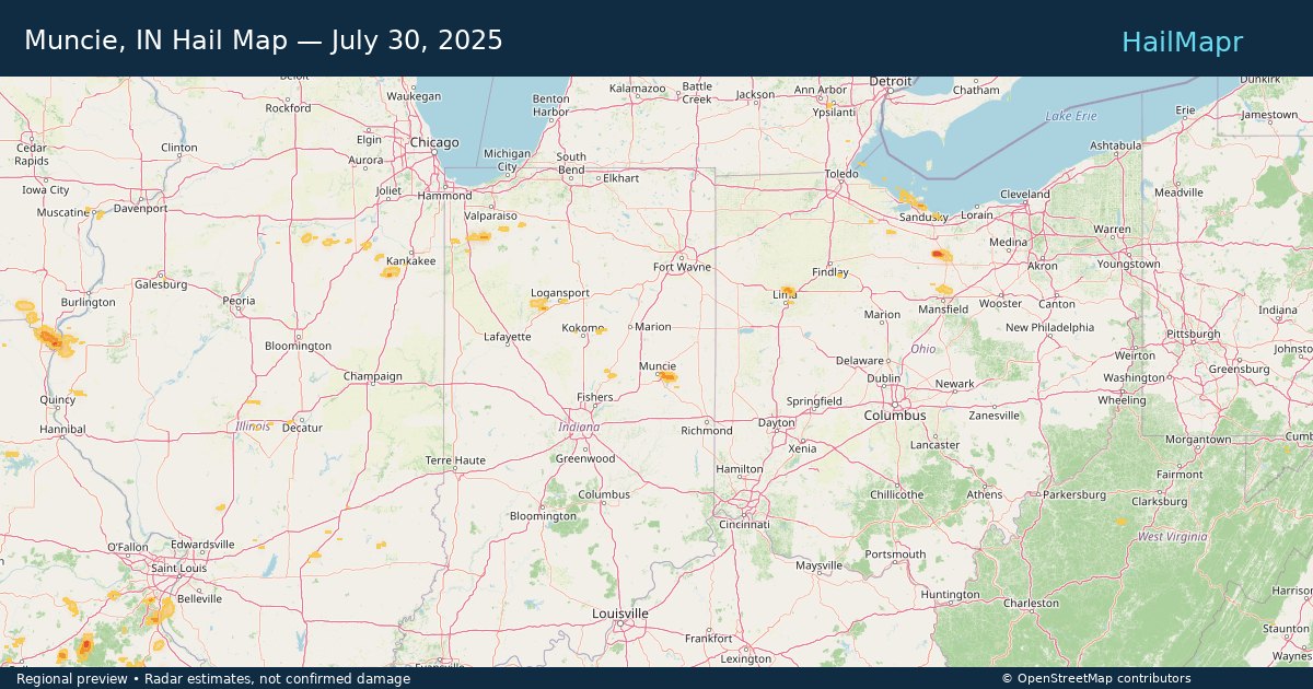 Muncie, IN Hail Map — July 30, 2025 — regional heatmap and storm polygons