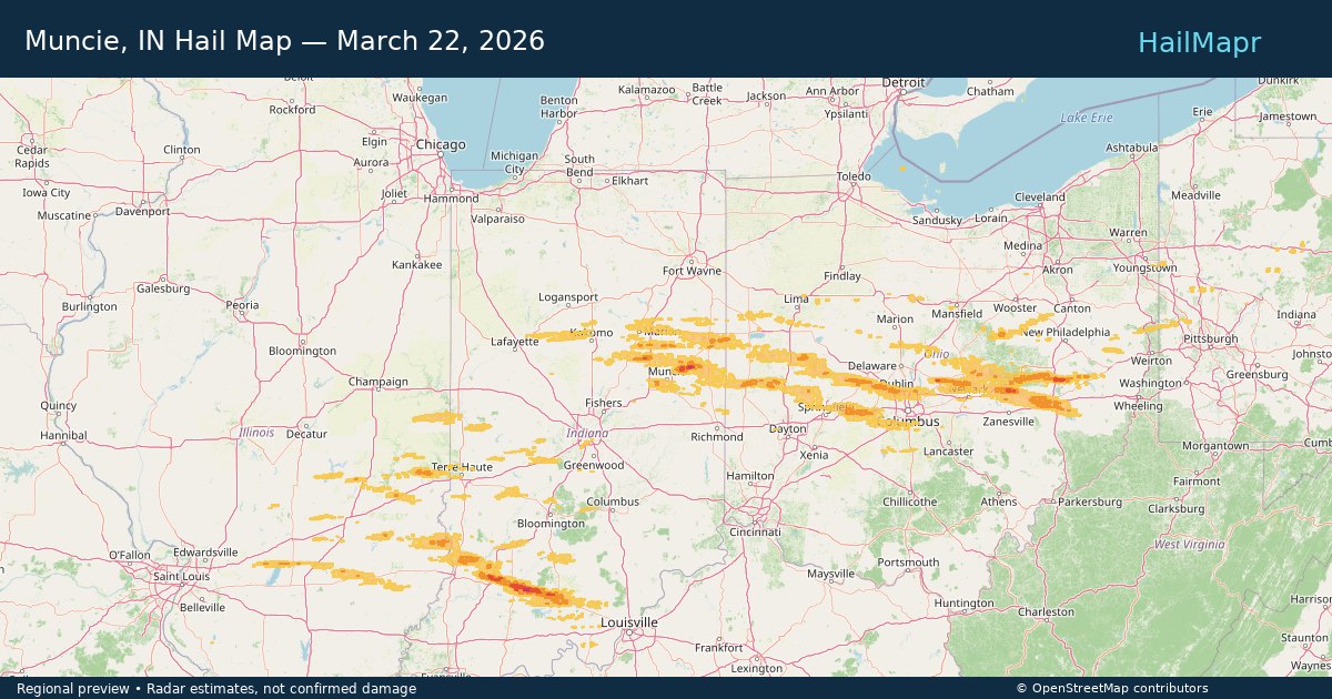 Muncie, IN Hail Map — March 22, 2026 — regional heatmap and storm polygons