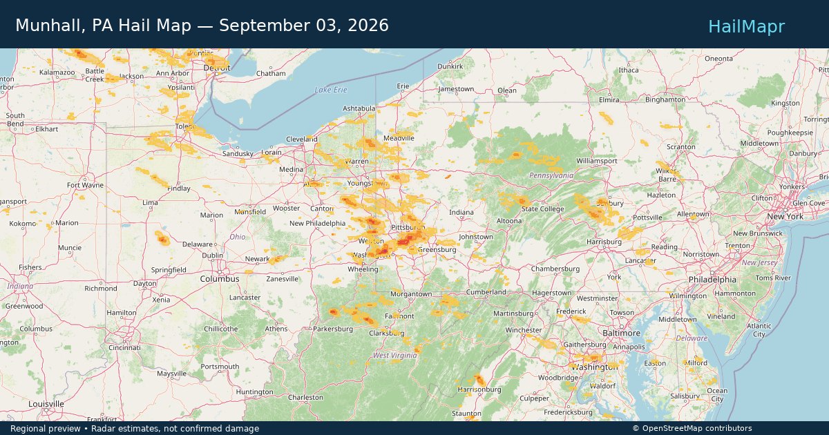 Munhall, PA Hail Map — September 03, 2026 — regional heatmap and storm polygons