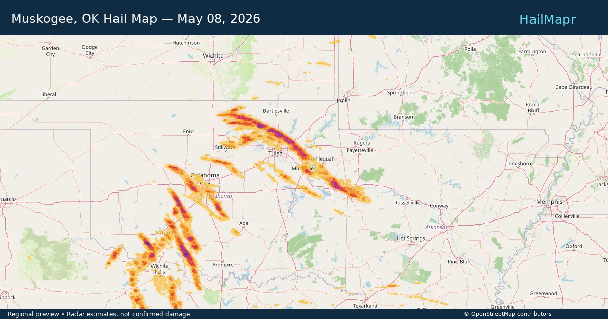 Muskogee, OK Hail Map — May 08, 2026 — regional heatmap and storm polygons