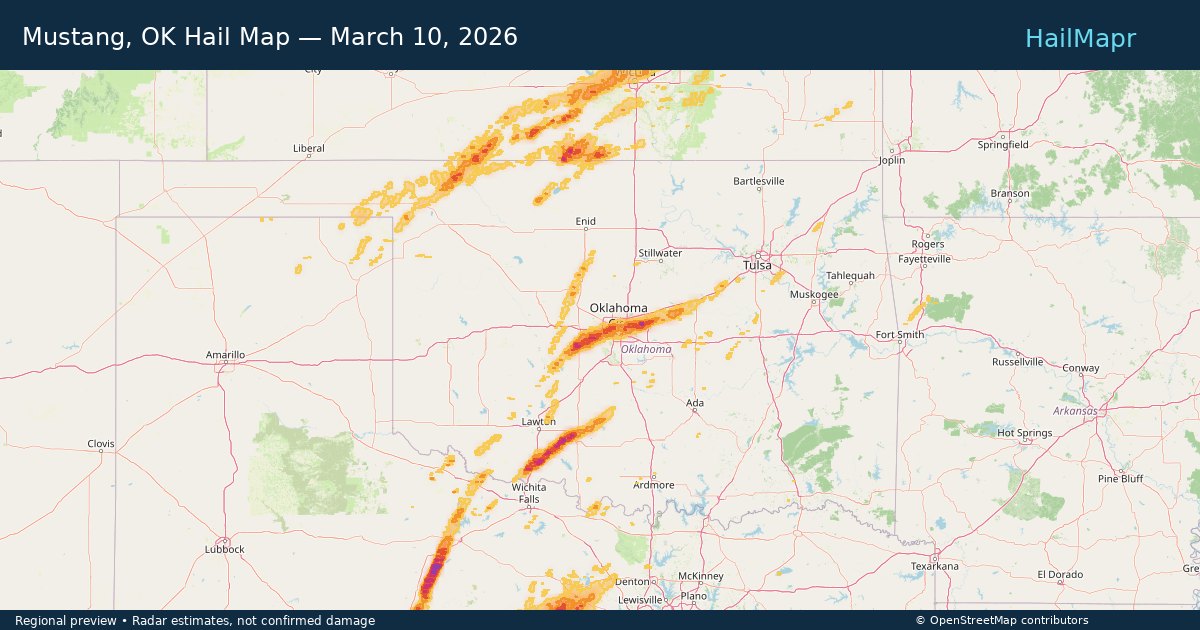 Mustang, OK Hail Map — March 10, 2026 — regional heatmap and storm polygons
