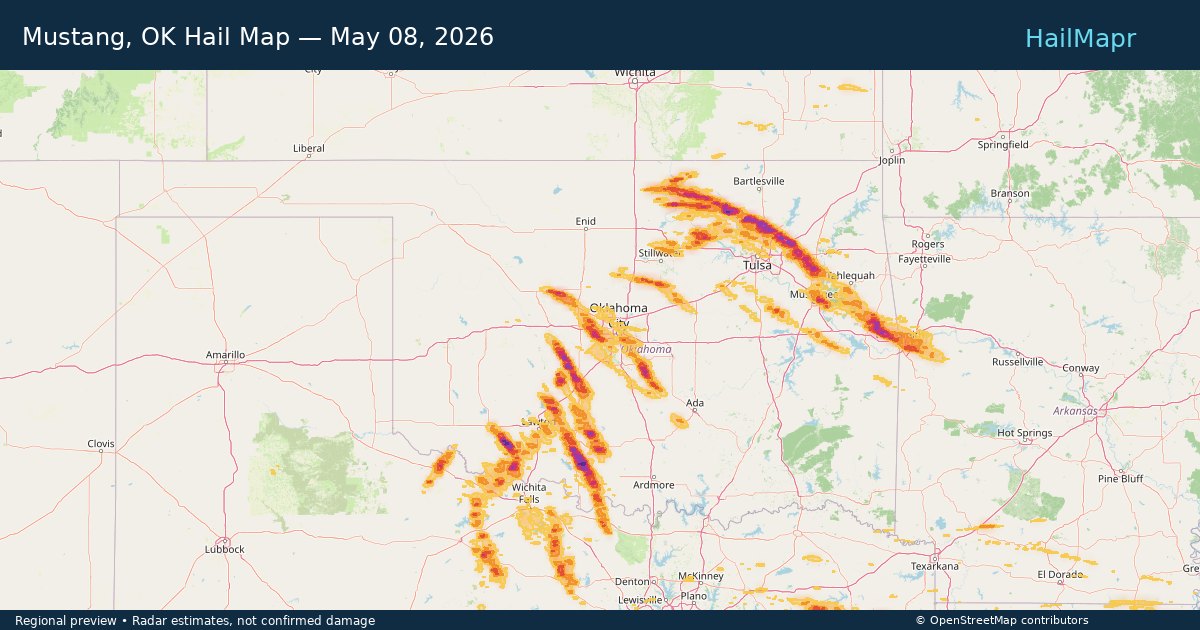 Mustang, OK Hail Map — May 08, 2026 — regional heatmap and storm polygons