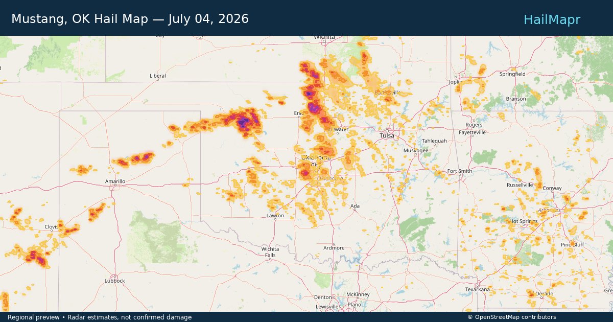 Mustang, OK Hail Map — July 04, 2026 — regional heatmap and storm polygons