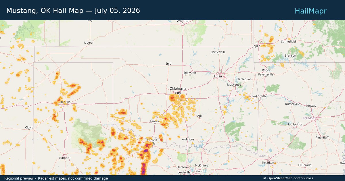 Mustang, OK Hail Map — July 05, 2026 — regional heatmap and storm polygons