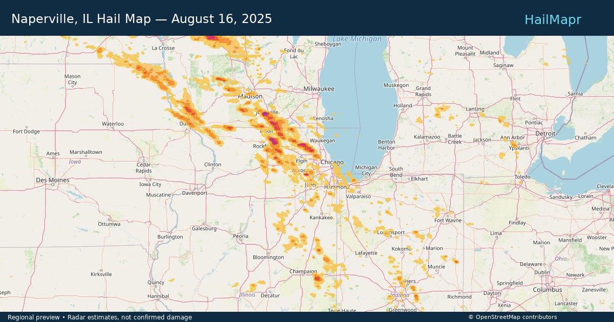 Naperville, IL Hail Map — August 16, 2025 — regional heatmap and storm polygons