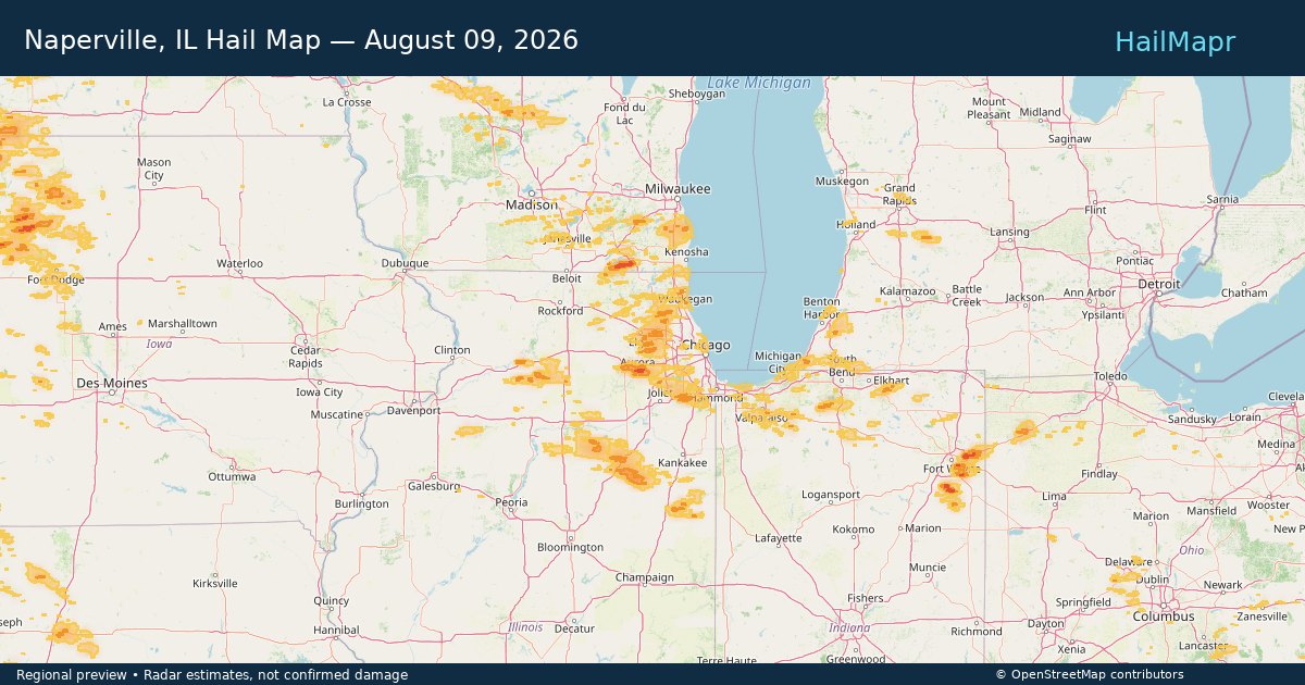 Naperville, IL Hail Map — August 09, 2026 — regional heatmap and storm polygons