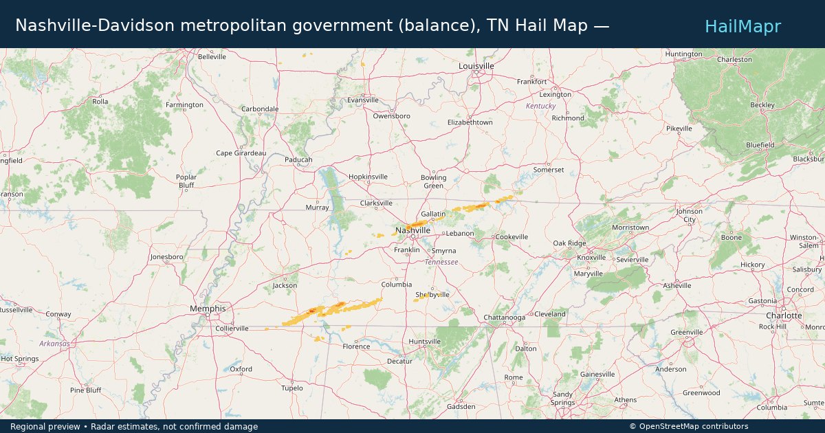 Nashville-Davidson metropolitan government (balance), TN Hail Map — March 11, 2026 — regional heatmap and storm polygons