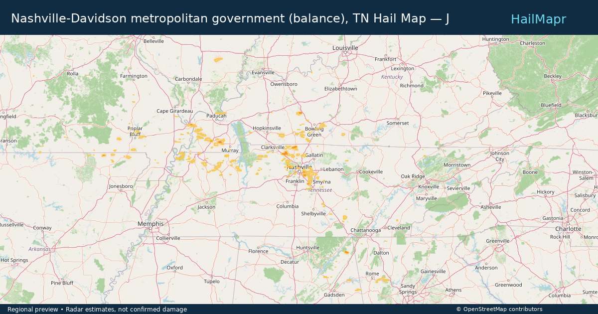 Nashville-Davidson metropolitan government (balance), TN Hail Map — June 09, 2026 — regional heatmap and storm polygons