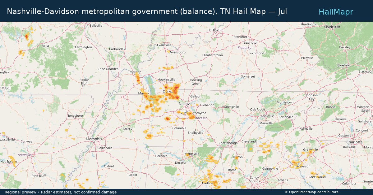 Nashville-Davidson metropolitan government (balance), TN Hail Map — July 02, 2026 — regional heatmap and storm polygons
