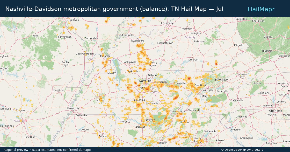 Nashville-Davidson metropolitan government (balance), TN Hail Map — July 03, 2026 — regional heatmap and storm polygons