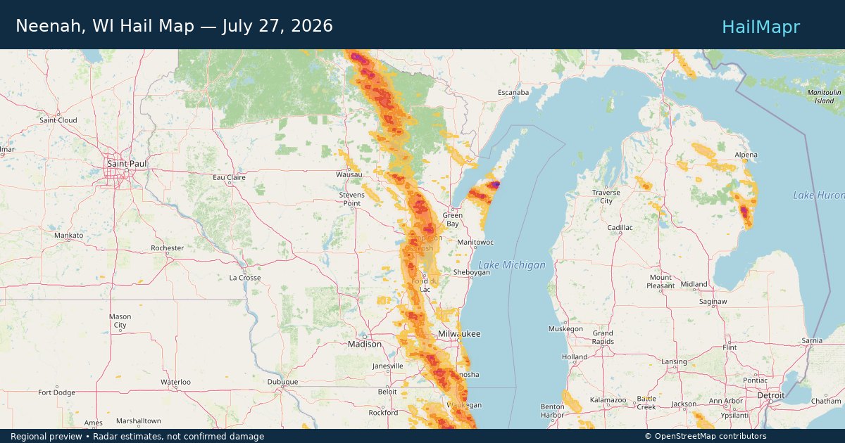 Neenah, WI Hail Map — July 27, 2026 — regional heatmap and storm polygons
