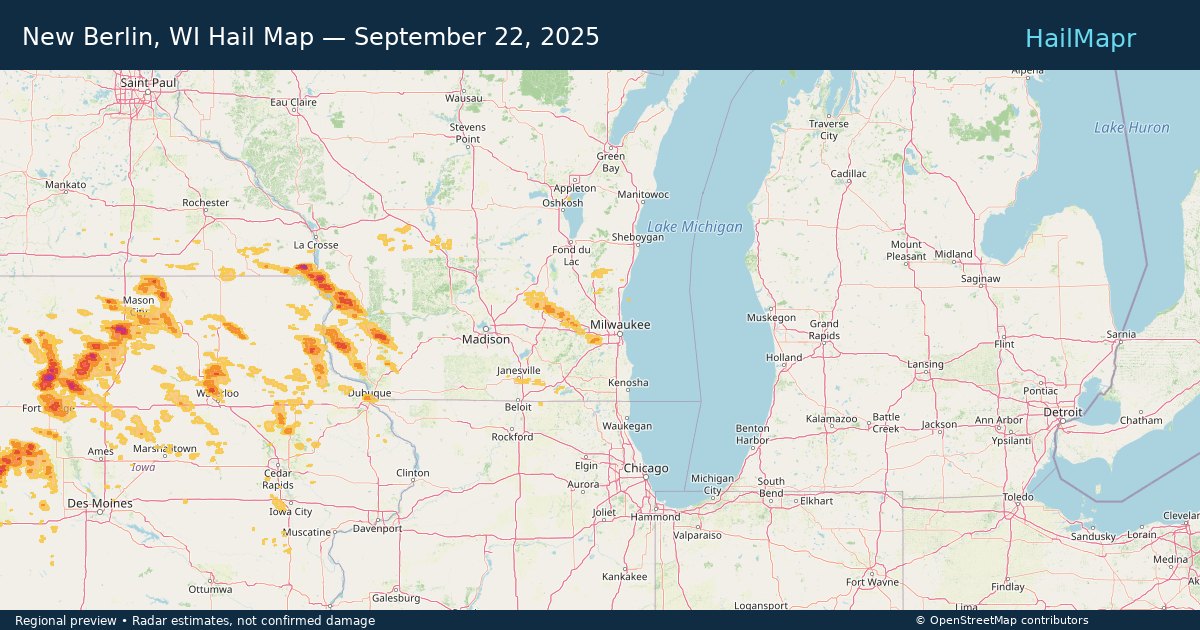 New Berlin, WI Hail Map — September 22, 2025 — regional heatmap and storm polygons