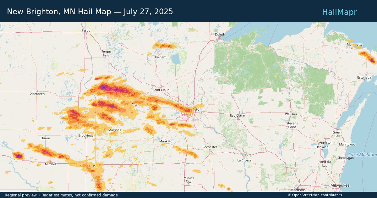 New Brighton, MN Hail Map — July 27, 2025 — regional heatmap and storm polygons