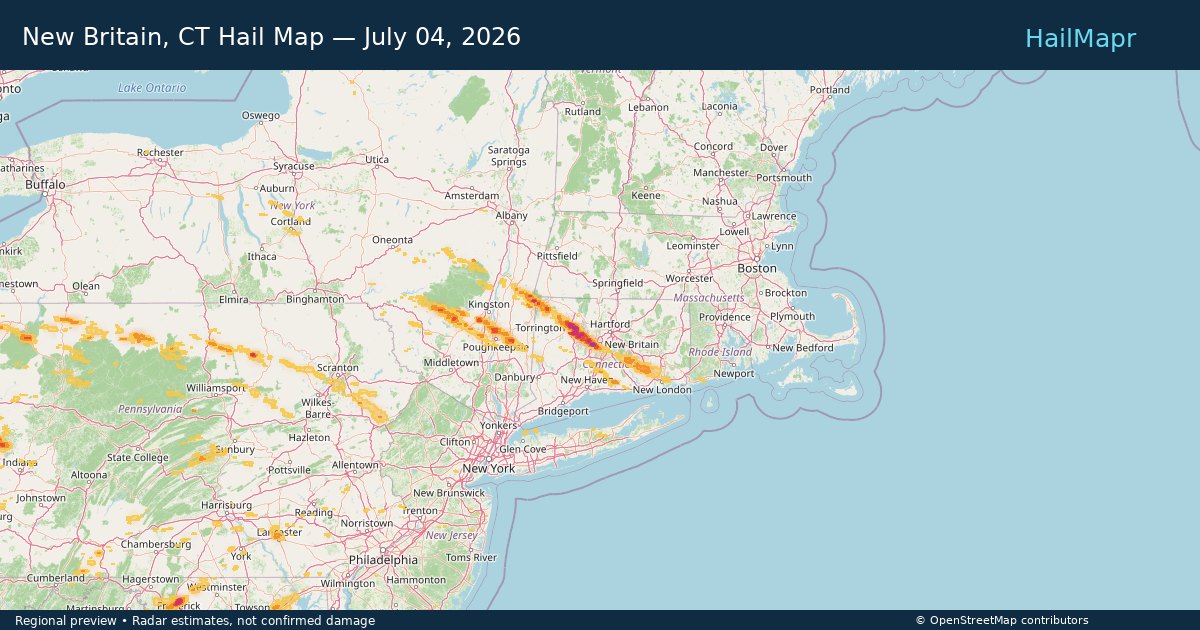 New Britain, CT Hail Map — July 04, 2026 — regional heatmap and storm polygons