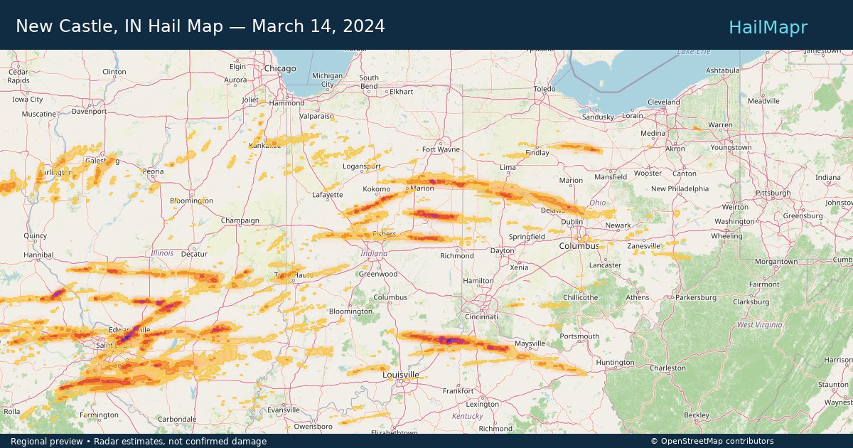 New Castle, IN Hail Map — March 14, 2024 — regional heatmap and storm polygons