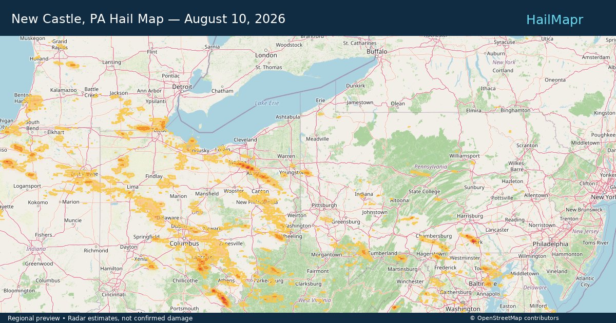 New Castle, PA Hail Map — August 10, 2026 — regional heatmap and storm polygons