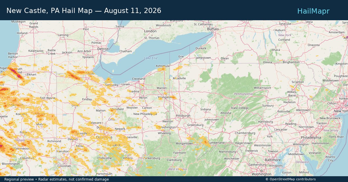 New Castle, PA Hail Map — August 11, 2026 — regional heatmap and storm polygons
