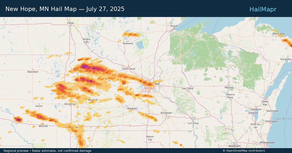 New Hope, MN Hail Map — July 27, 2025 — regional heatmap and storm polygons