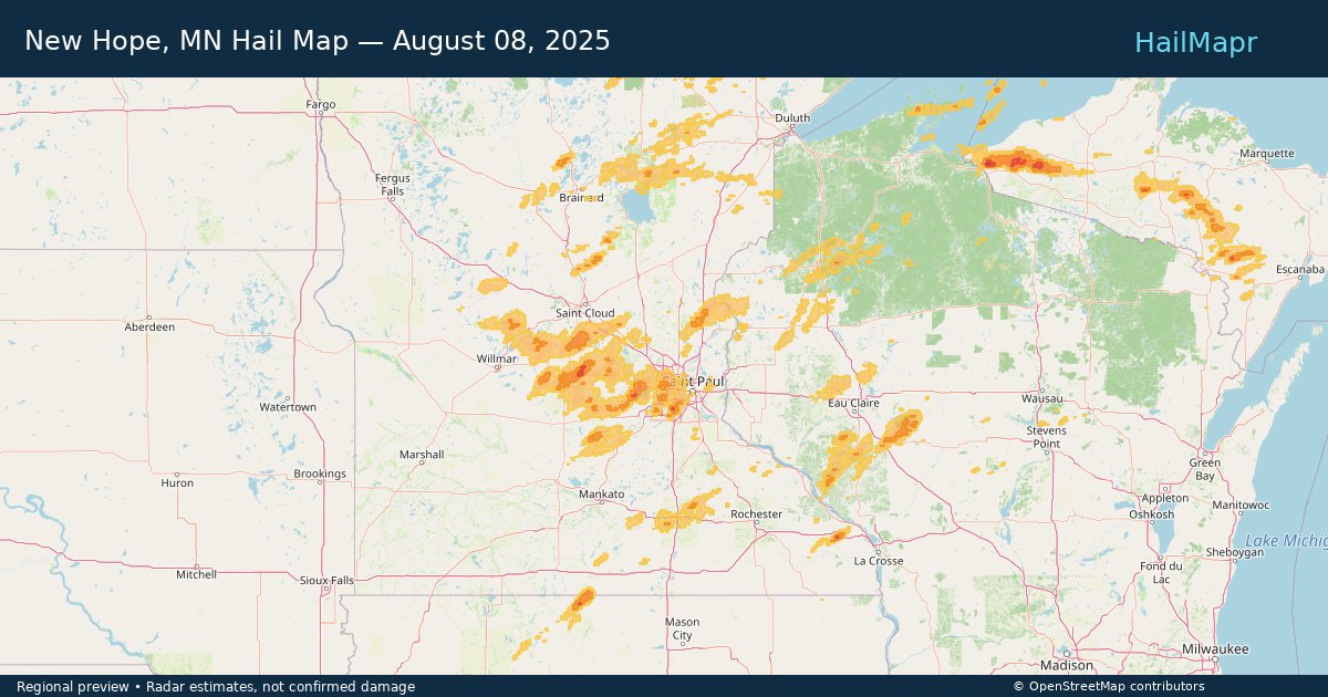 New Hope, MN Hail Map — August 08, 2025 — regional heatmap and storm polygons
