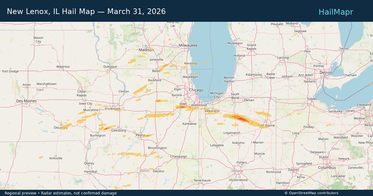 New Lenox, IL Hail Map — March 31, 2026 — regional heatmap and storm polygons