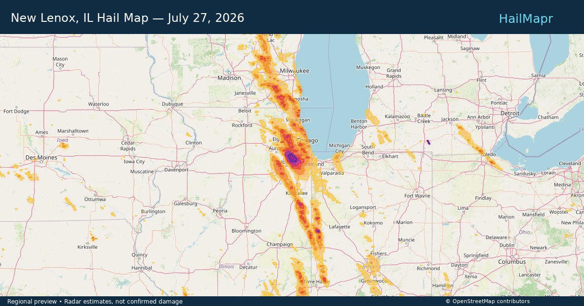 New Lenox, IL Hail Map — July 27, 2026 — regional heatmap and storm polygons