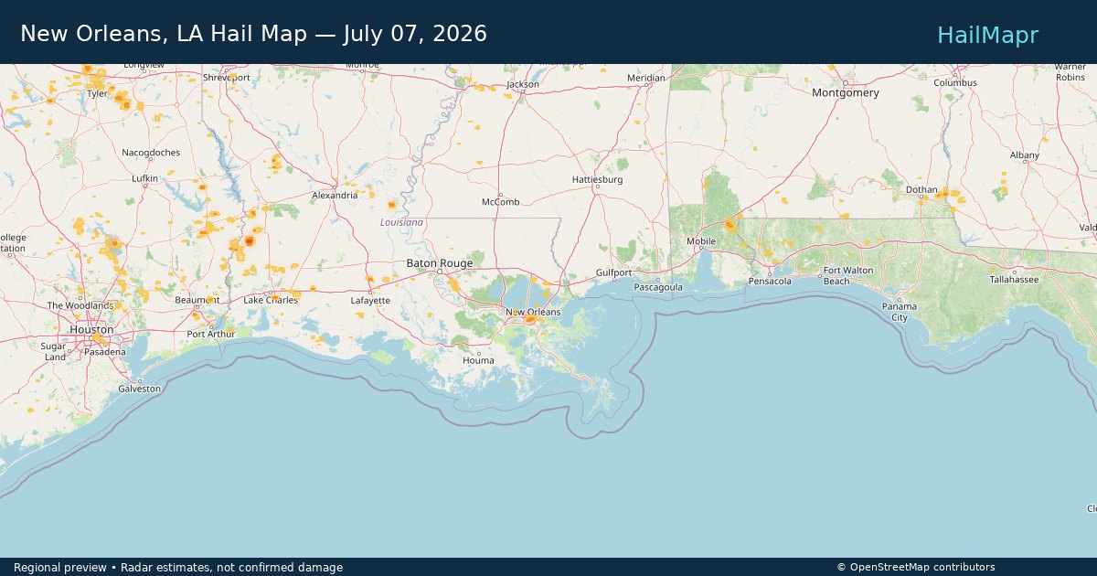 New Orleans, LA Hail Map — July 07, 2026 — regional heatmap and storm polygons