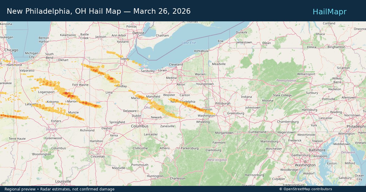 New Philadelphia, OH Hail Map — March 26, 2026 — regional heatmap and storm polygons