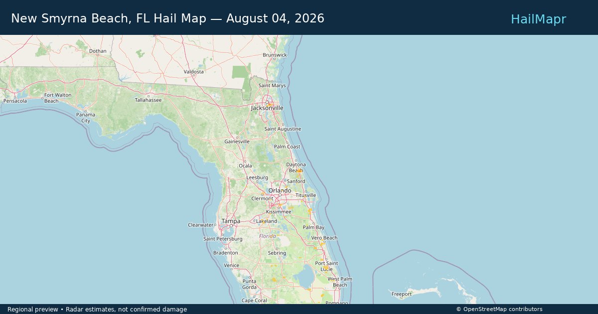 New Smyrna Beach, FL Hail Map — August 04, 2026 — regional heatmap and storm polygons