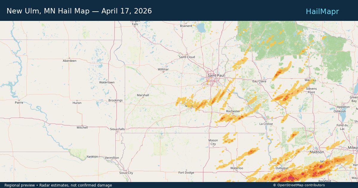 New Ulm, MN Hail Map — April 17, 2026 — regional heatmap and storm polygons