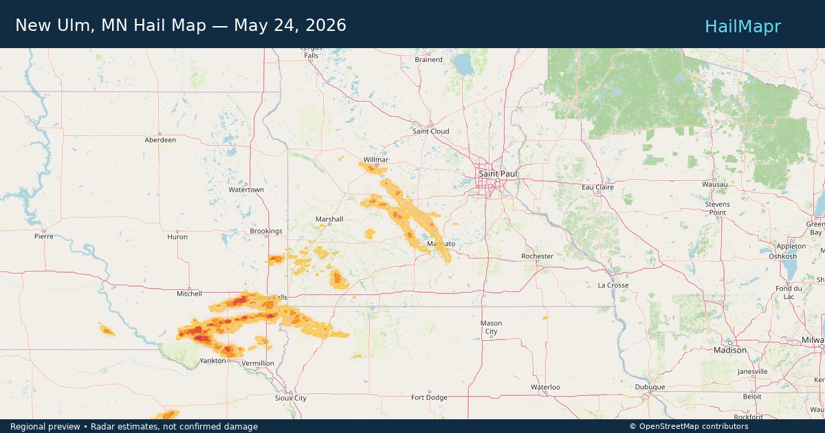 New Ulm, MN Hail Map — May 24, 2026 — regional heatmap and storm polygons