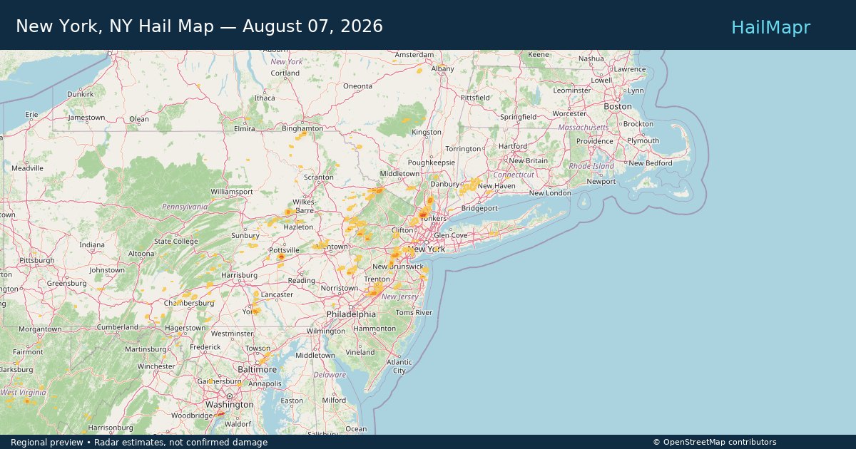 New York, NY Hail Map — August 07, 2026 — regional heatmap and storm polygons