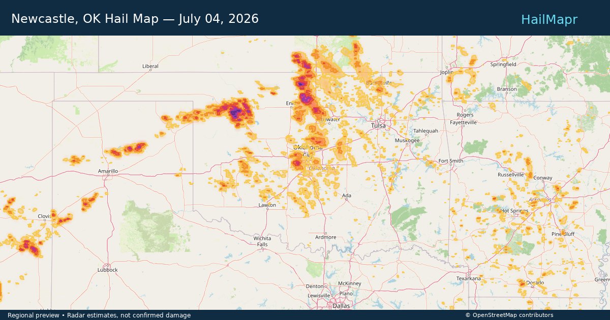 Newcastle, OK Hail Map — July 04, 2026 — regional heatmap and storm polygons