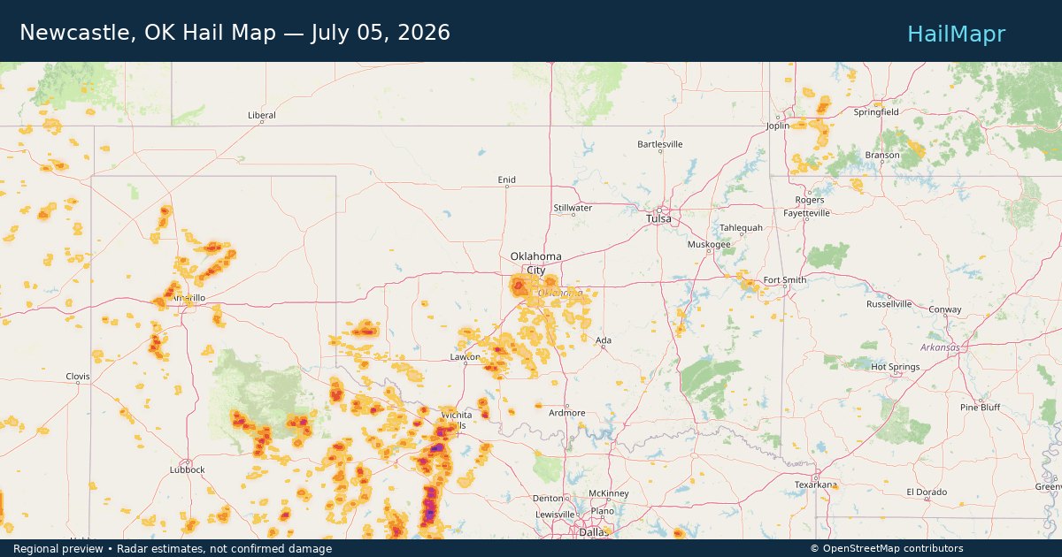 Newcastle, OK Hail Map — July 05, 2026 — regional heatmap and storm polygons