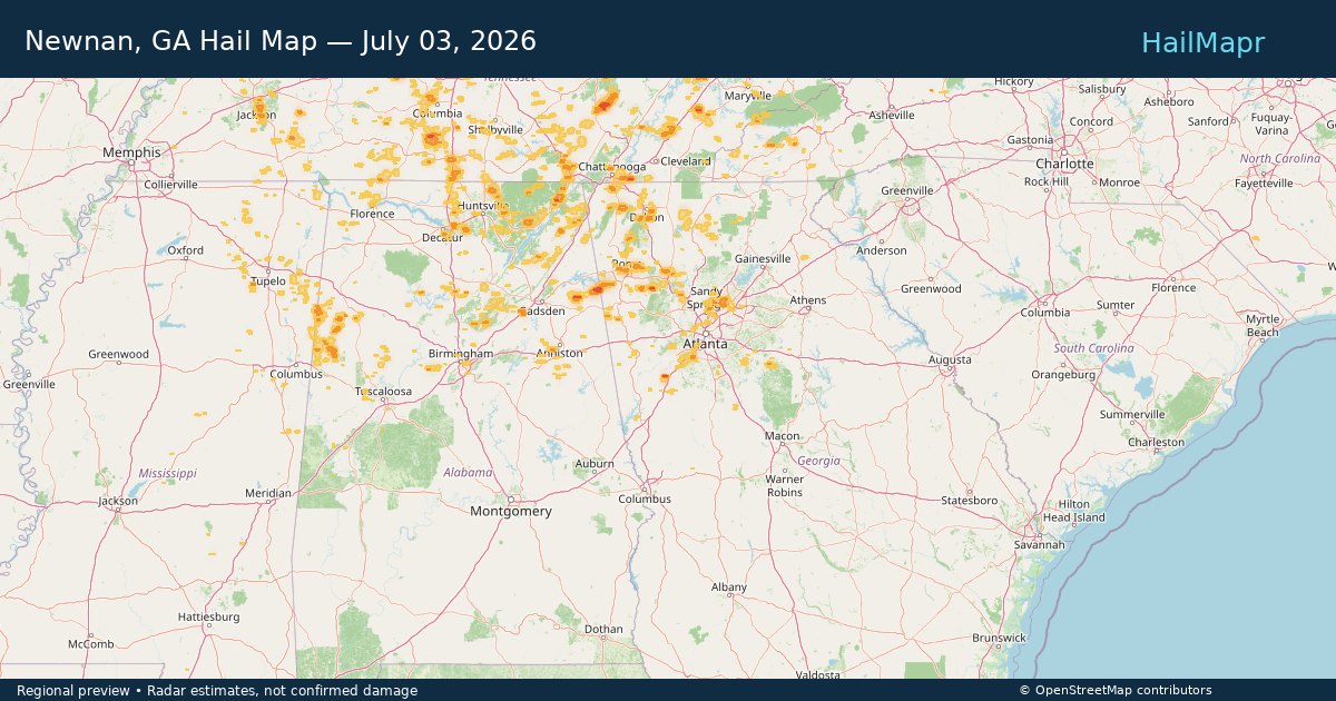 Newnan, GA Hail Map — July 03, 2026 — regional heatmap and storm polygons