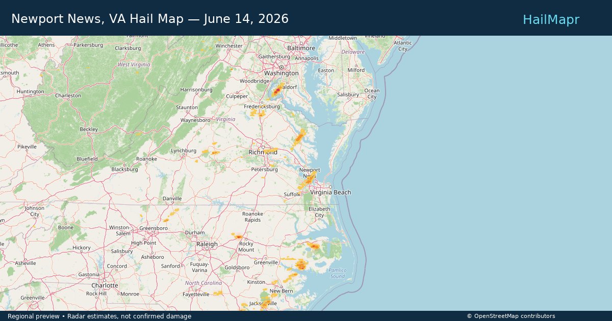 Newport News, VA Hail Map — June 14, 2026 — regional heatmap and storm polygons