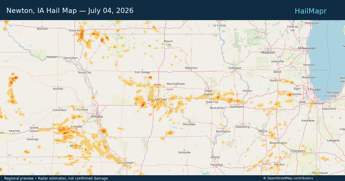 Newton, IA Hail Map — July 04, 2026 — regional heatmap and storm polygons