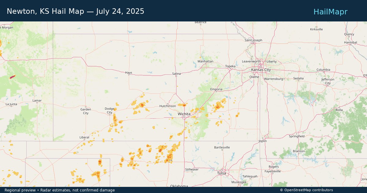 Newton, KS Hail Map — July 24, 2025 — regional heatmap and storm polygons