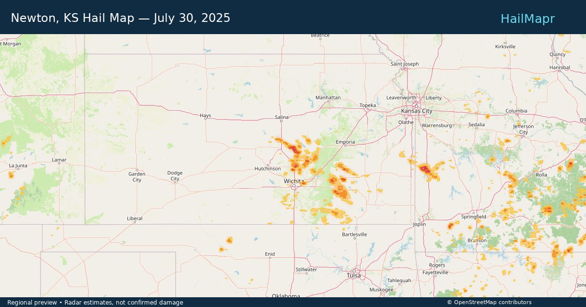 Newton, KS Hail Map — July 30, 2025 — regional heatmap and storm polygons