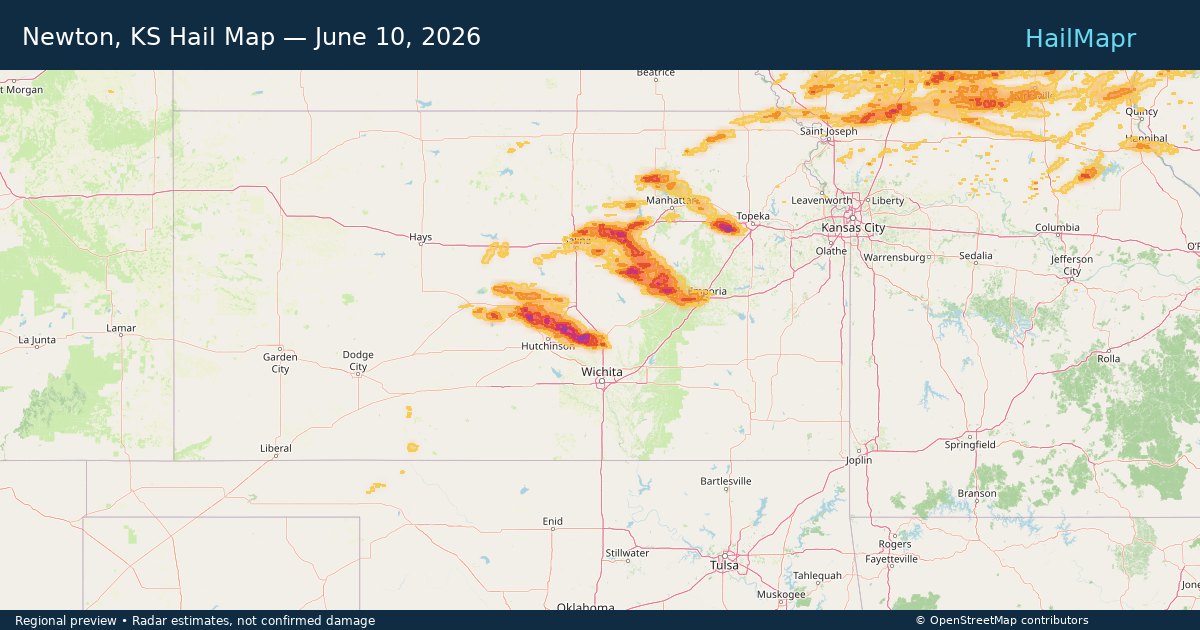 Newton, KS Hail Map — June 10, 2026 — regional heatmap and storm polygons