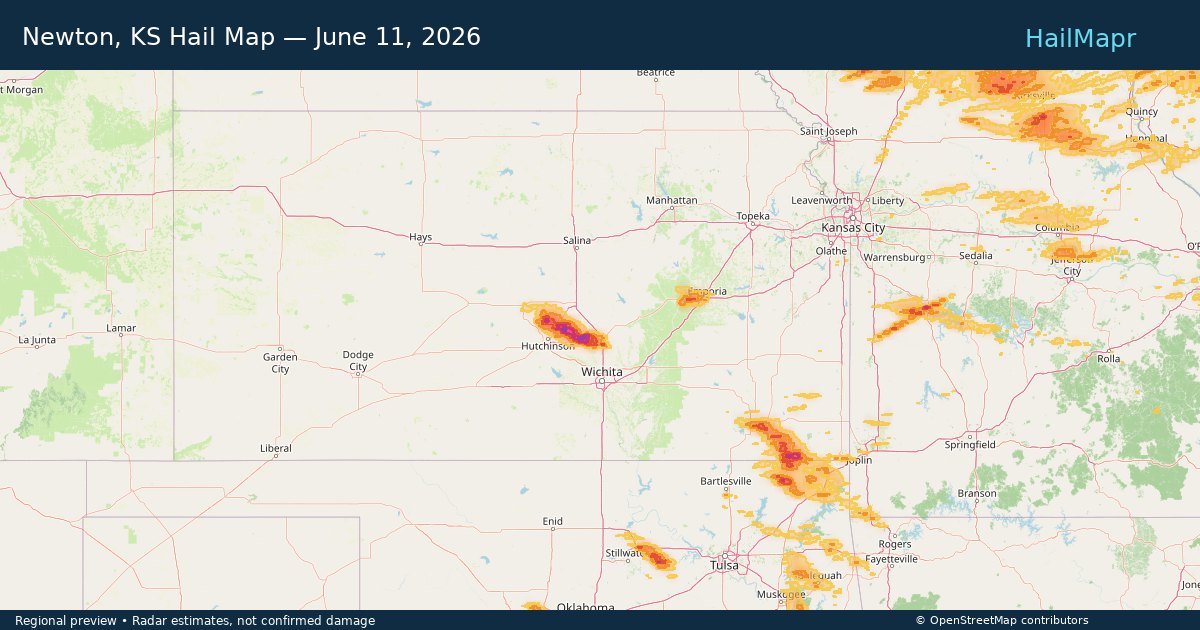 Newton, KS Hail Map — June 11, 2026 — regional heatmap and storm polygons