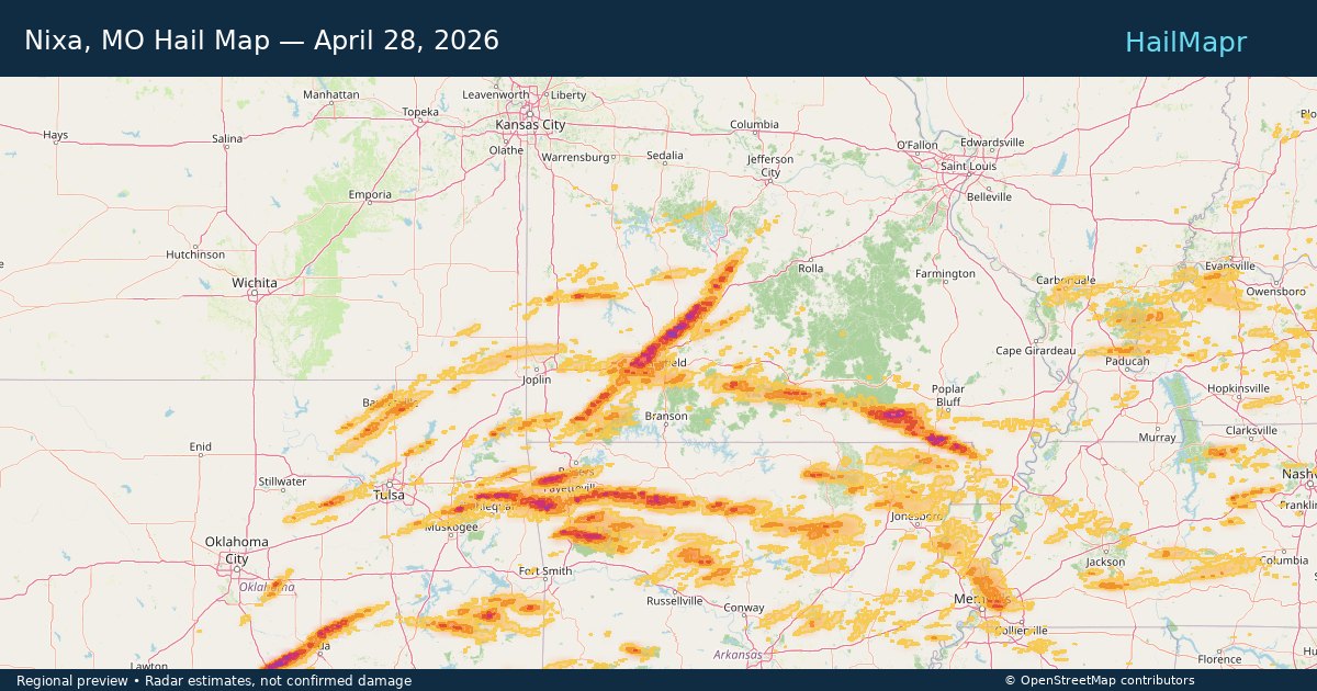 Nixa, MO Hail Map — April 28, 2026 — regional heatmap and storm polygons