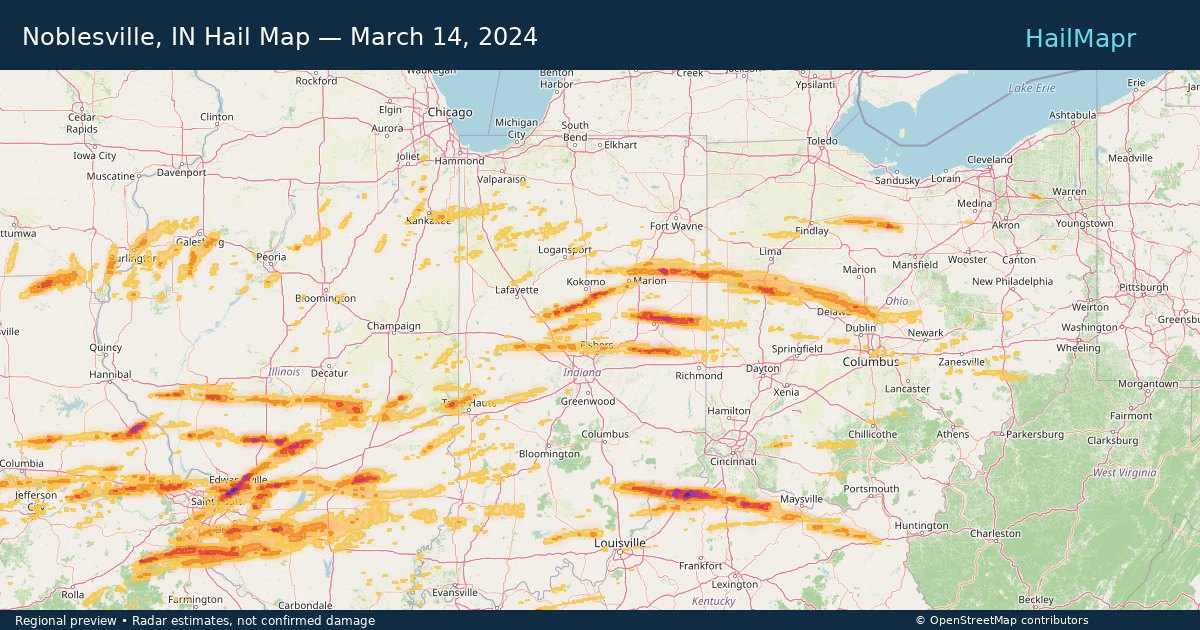 Noblesville, IN Hail Map — March 14, 2024 — regional heatmap and storm polygons