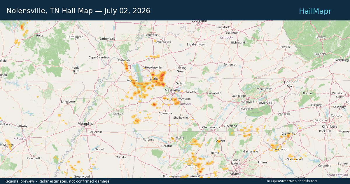 Nolensville, TN Hail Map — July 02, 2026 — regional heatmap and storm polygons