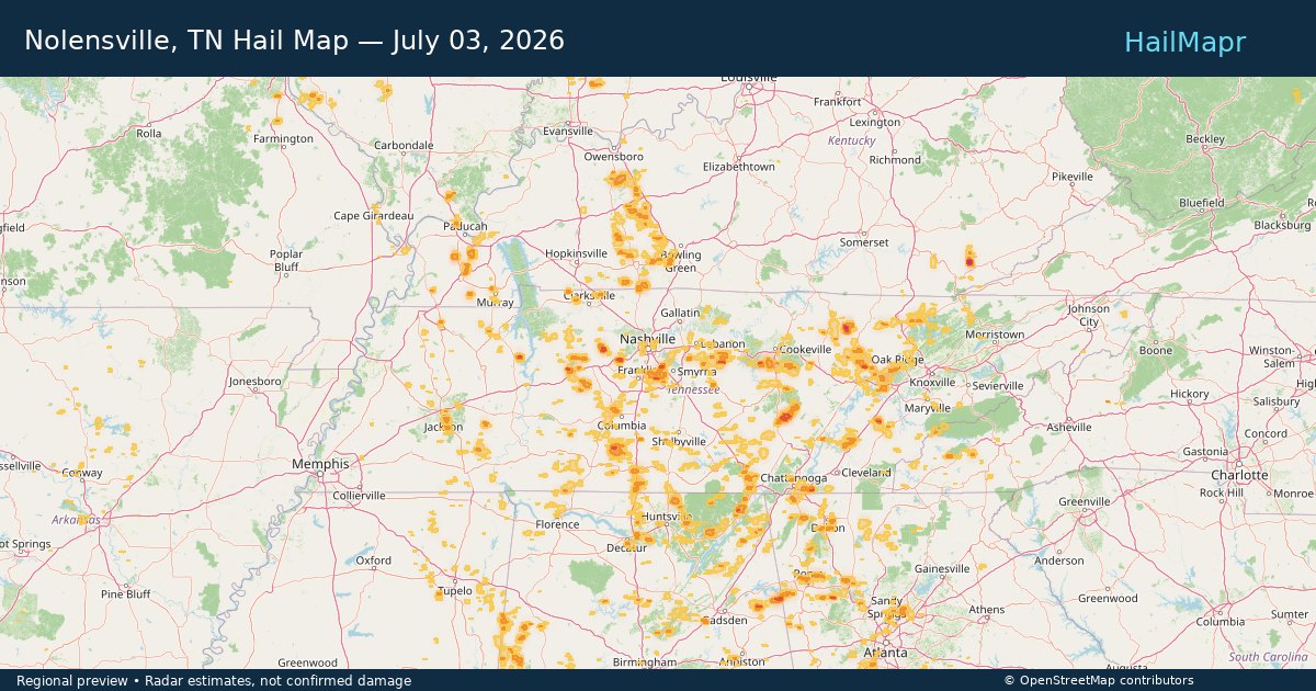 Nolensville, TN Hail Map — July 03, 2026 — regional heatmap and storm polygons