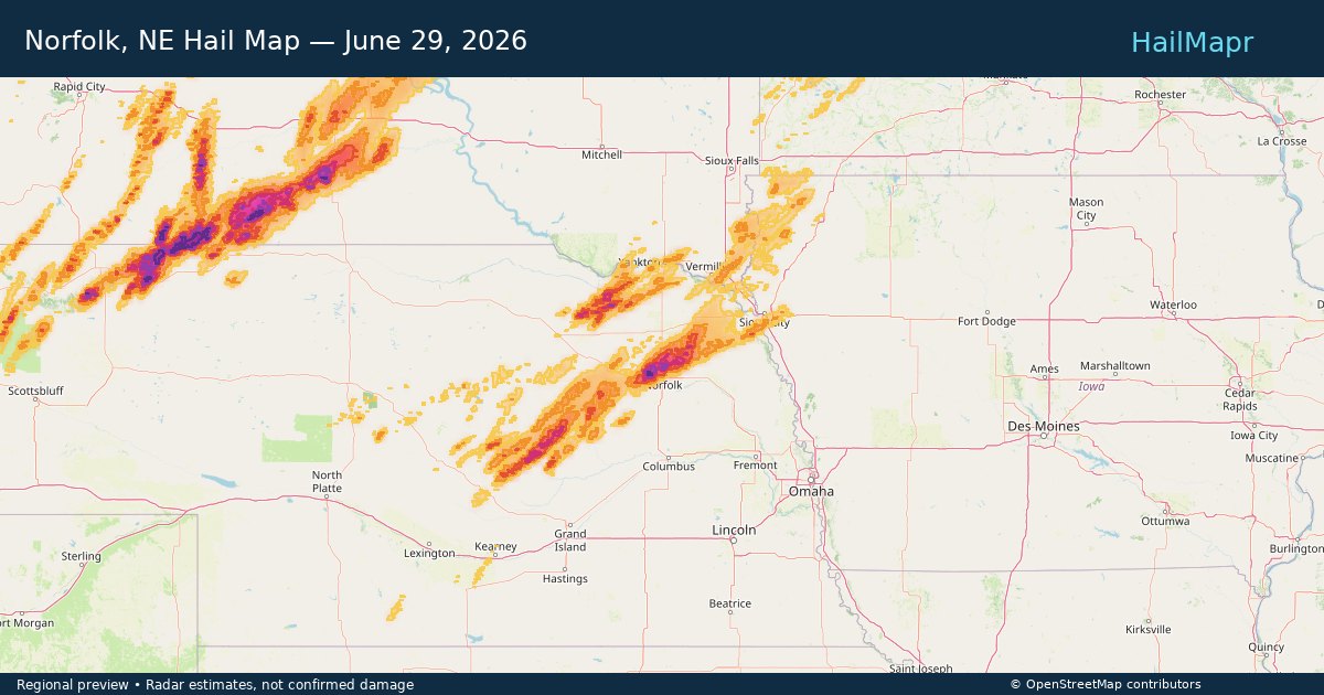 Norfolk, NE Hail Map — June 29, 2026 — regional heatmap and storm polygons