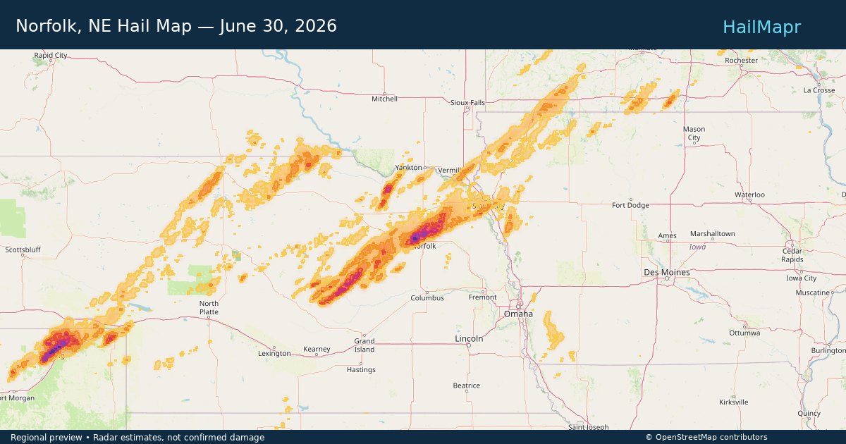 Norfolk, NE Hail Map — June 30, 2026 — regional heatmap and storm polygons