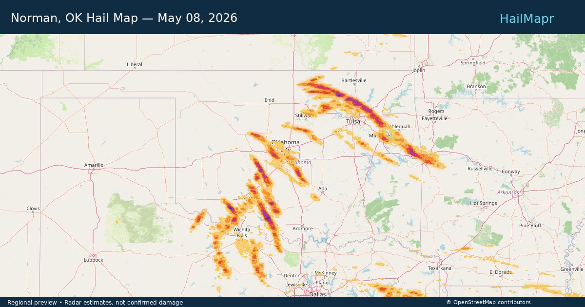 Norman, OK Hail Map — May 08, 2026 — regional heatmap and storm polygons