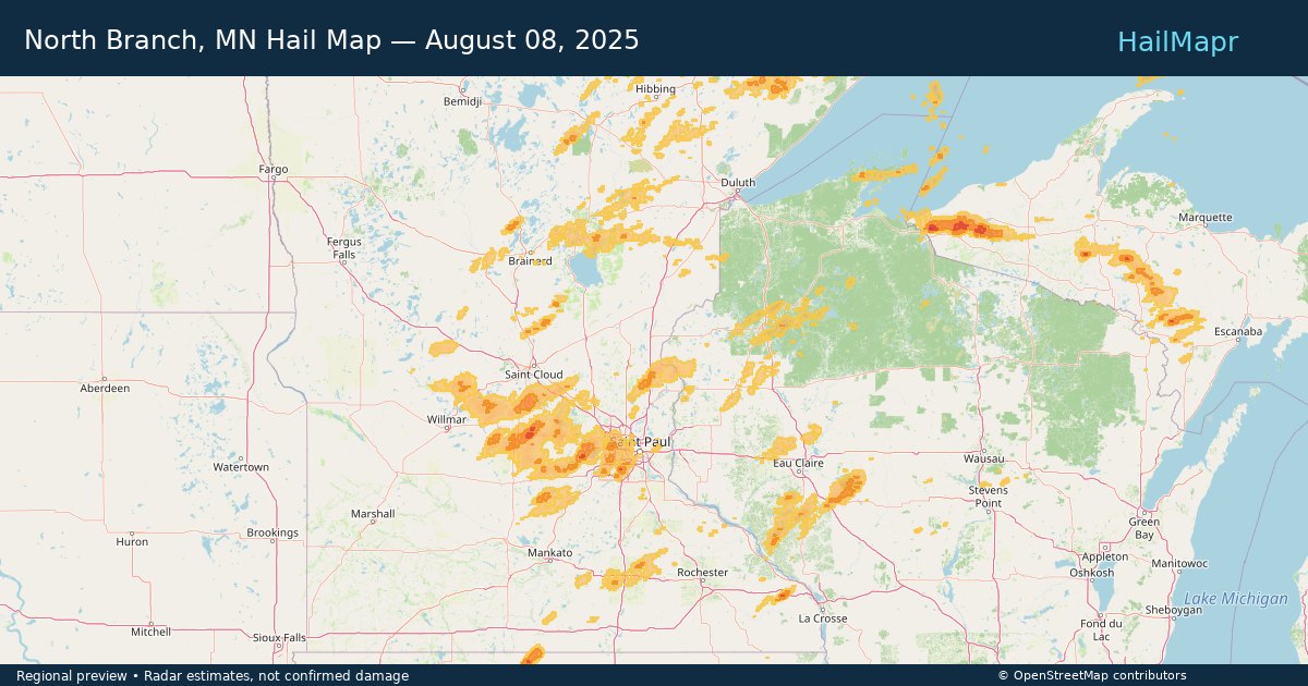 North Branch, MN Hail Map — August 08, 2025 — regional heatmap and storm polygons