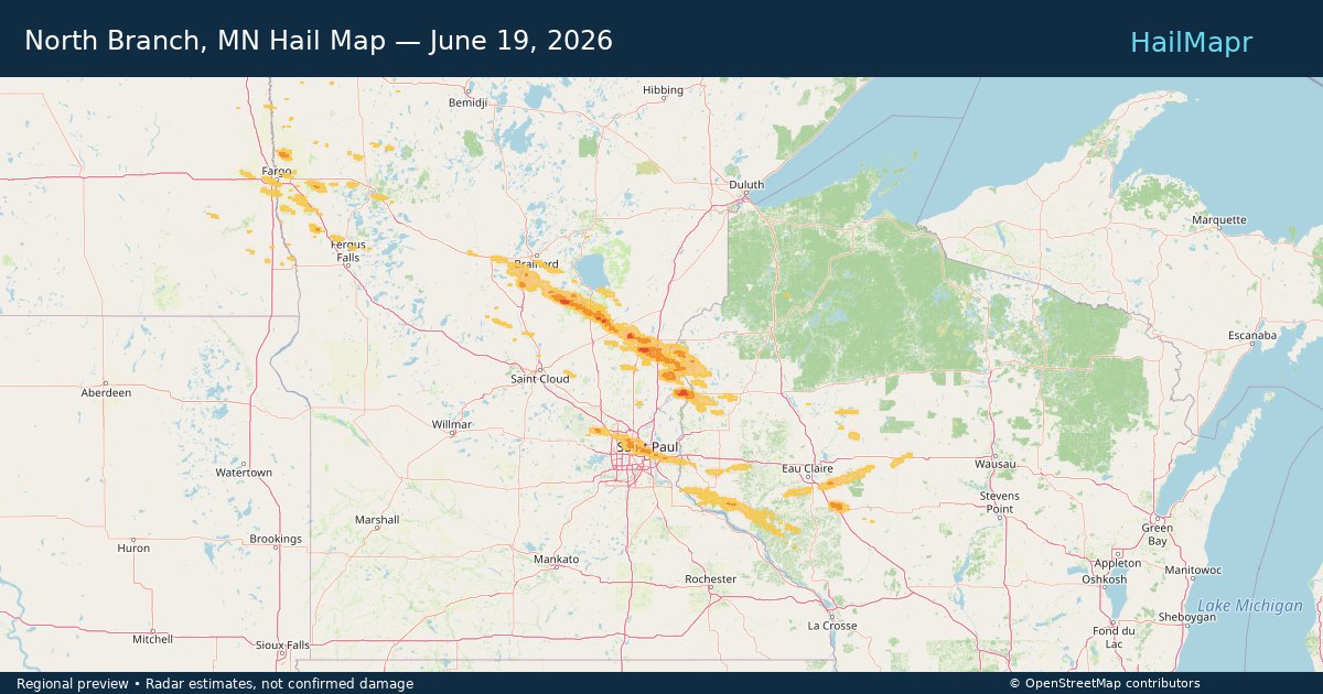 North Branch, MN Hail Map — June 19, 2026 — regional heatmap and storm polygons