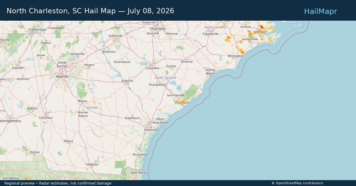North Charleston, SC Hail Map — July 08, 2026 — regional heatmap and storm polygons